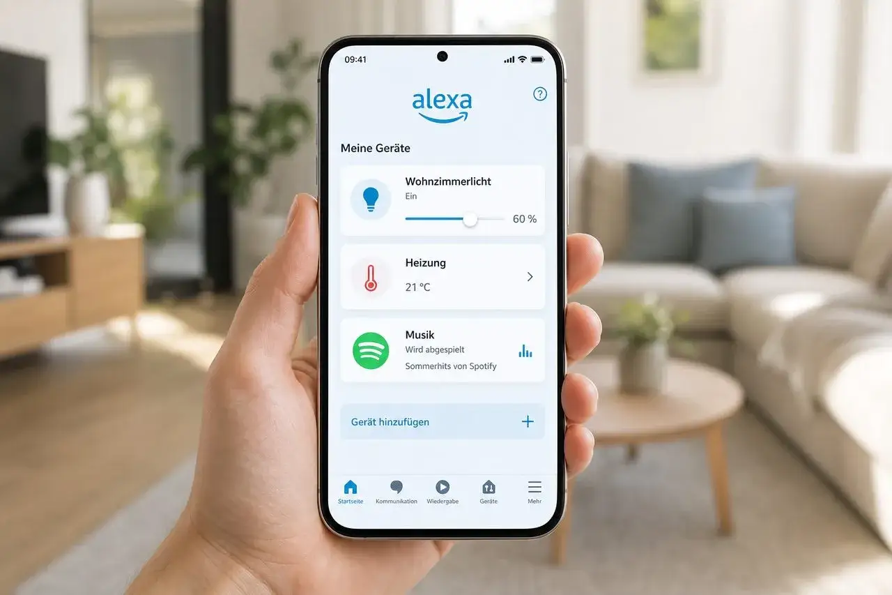 Eine Hand hält ein Smartphone, das die Alexa App zeigt. Hier lassen sich Alexa Funktionen wie Licht, Heizung und Musik steuern.