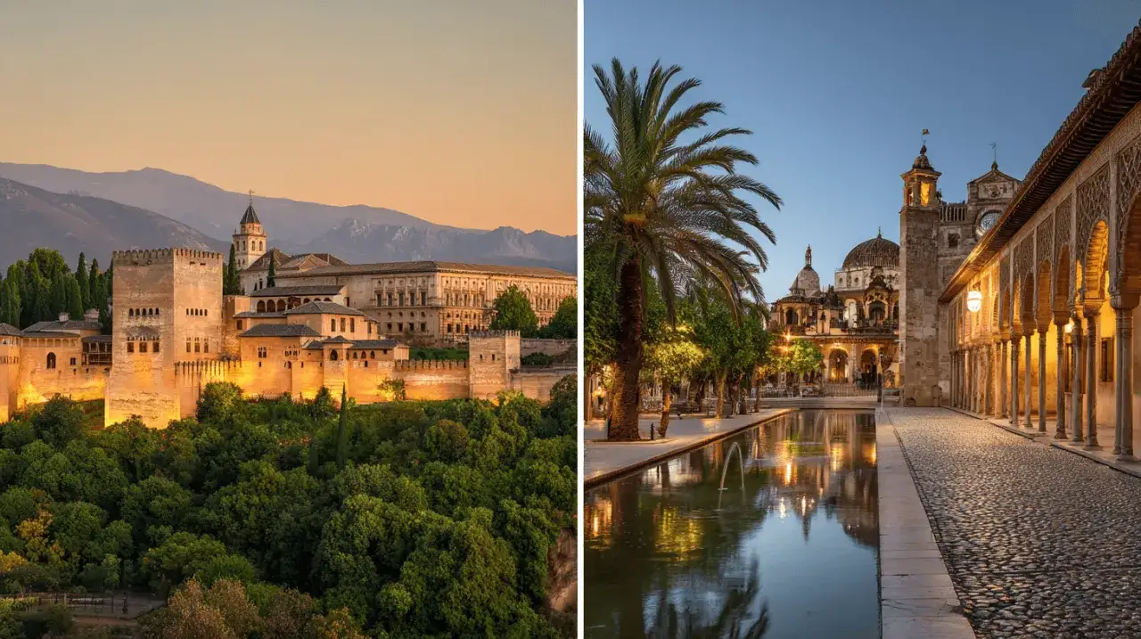 La majestueuse Alhambra de Grenade au coucher du soleil, contrastant avec une cour illuminée à Cordoue.