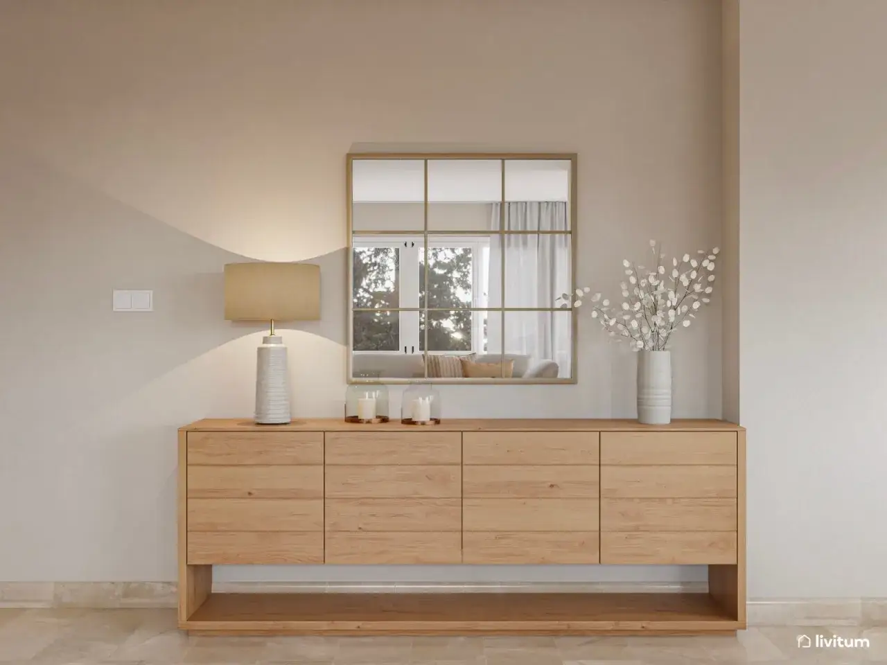 Un elegante aparador de madera clara, espejo con cuadrícula y lámpara de mesa en un salón estilo nórdico.