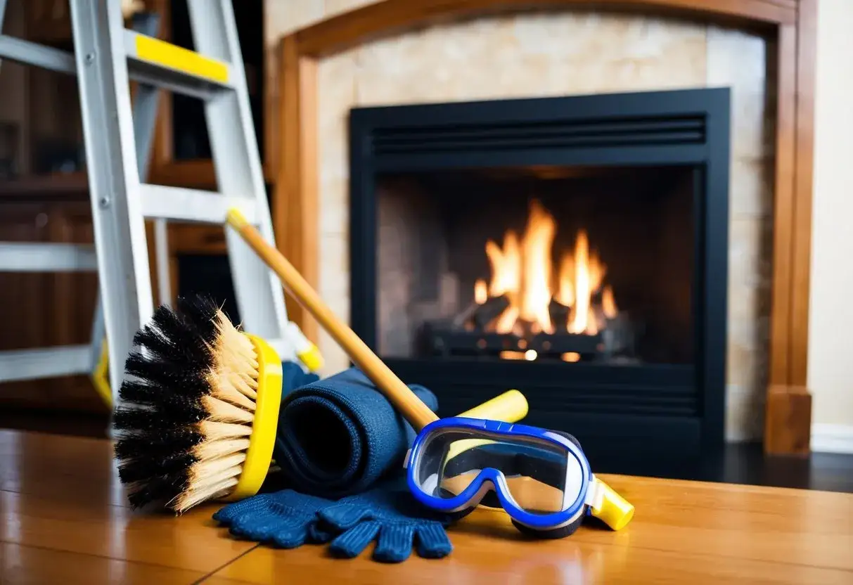 Herramientas listas para aprender como deshollinar una chimenea: cepillo, guantes, gafas y escalera.