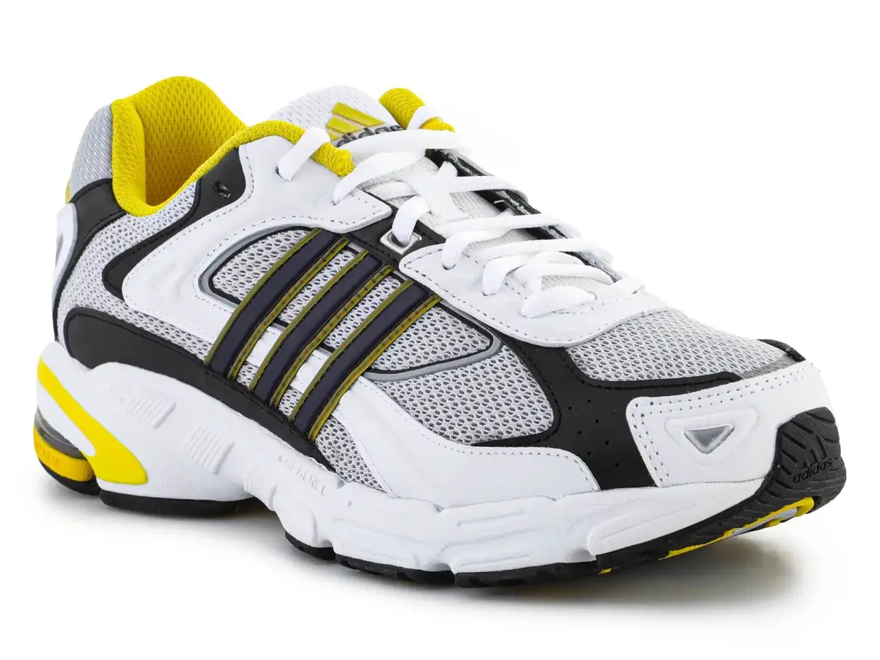 Białe buty sportowe adidas Response CL z żółtymi i czarnymi akcentami, idealne na trening.