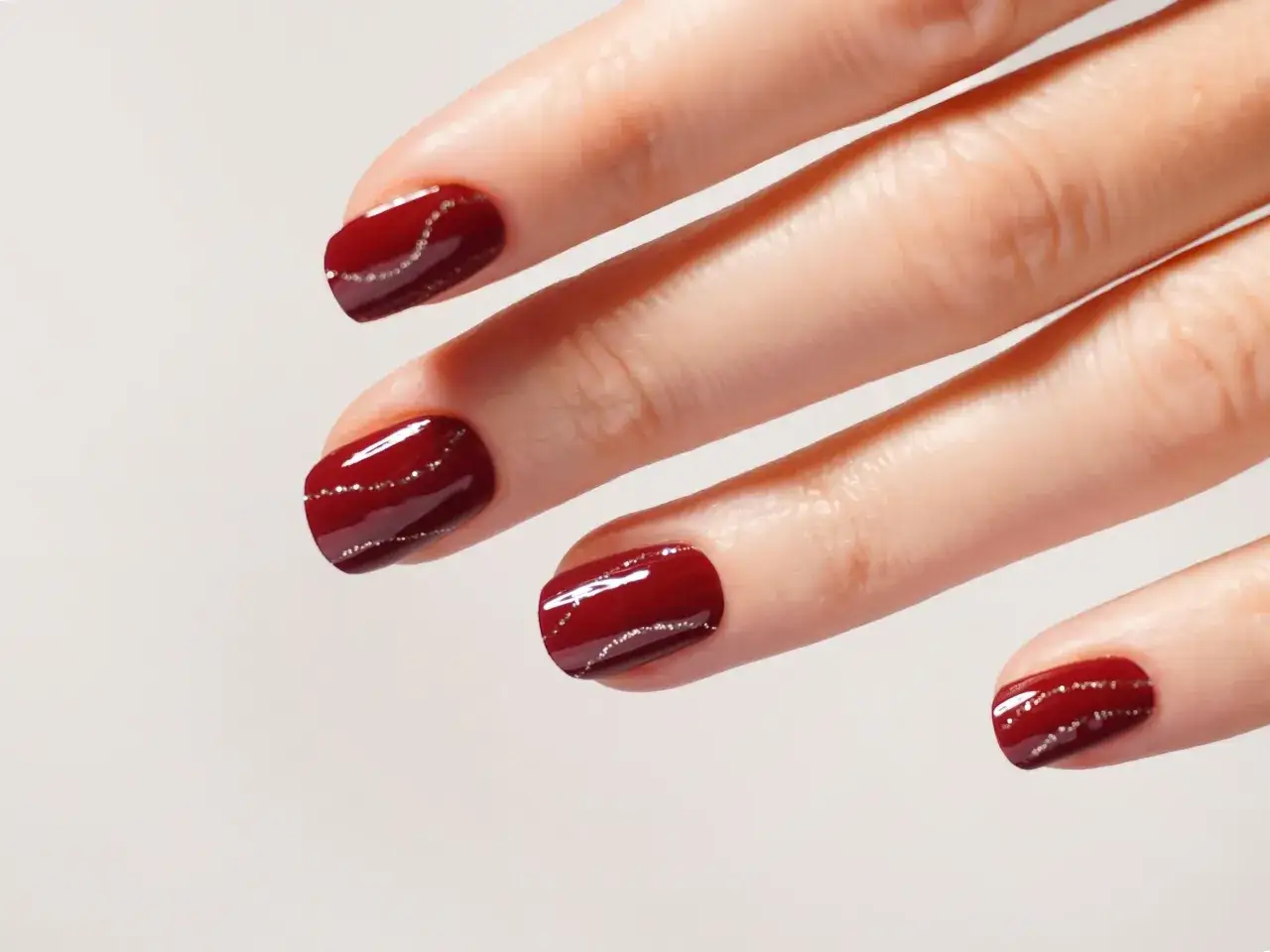 Unghie corte natalizie color bordeaux con sottili linee argentate scintillanti, perfette per le feste.