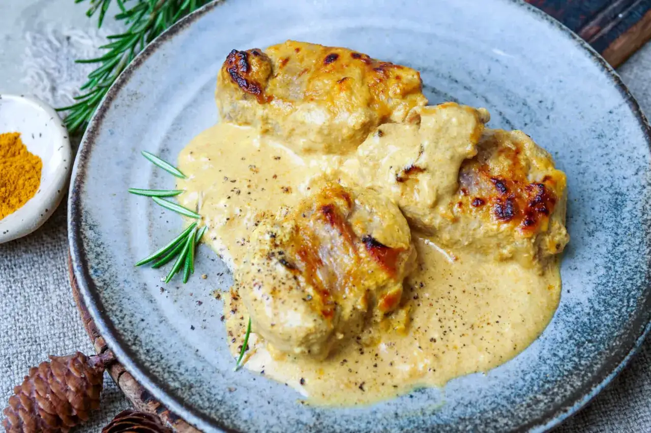 Saftiges Schweinefilet im Speckmantel, zubereitet im Airfryer, serviert mit cremiger Sauce und Rosmarin.