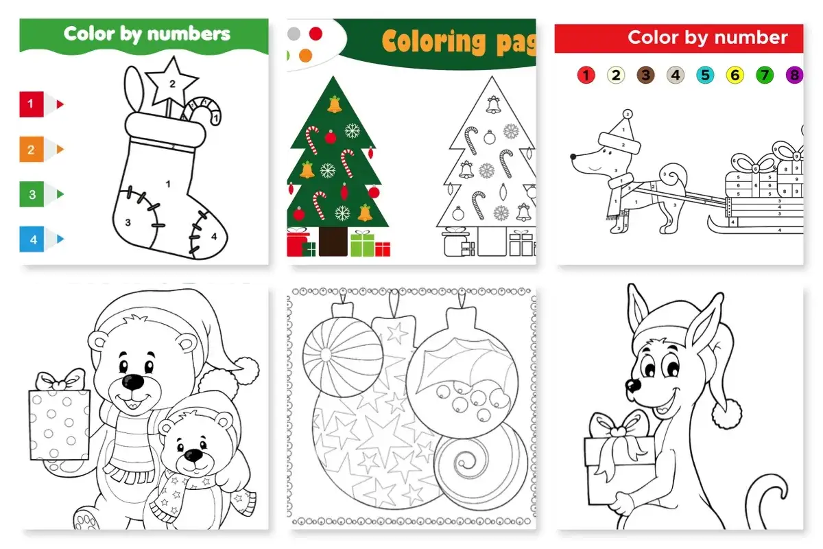 Colecci&oacute;n de dibujos de Navidad para colorear: un calcet&iacute;n, un &aacute;rbol, un perro con un trineo, osos con regalos y adornos.