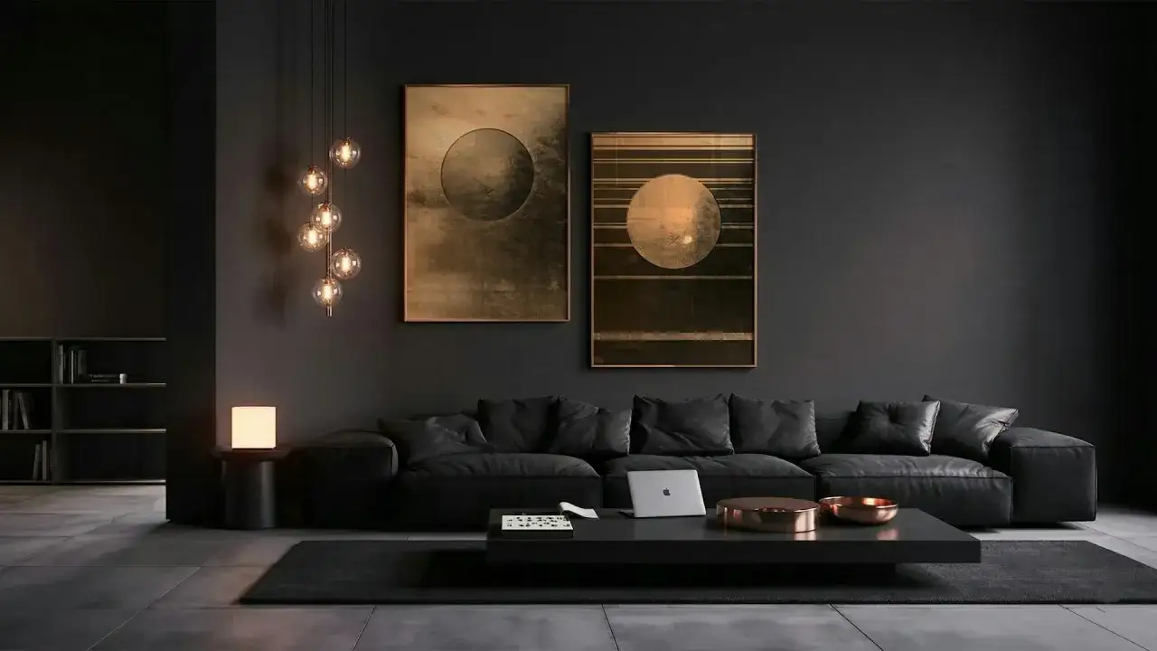 Salon moderne aux murs sombres, rehaussé par des œuvres d'art cuivrées et une suspension lumineuse. Une **couleur lumineuse pour pièce sombre** qui crée une ambiance chaleureuse.