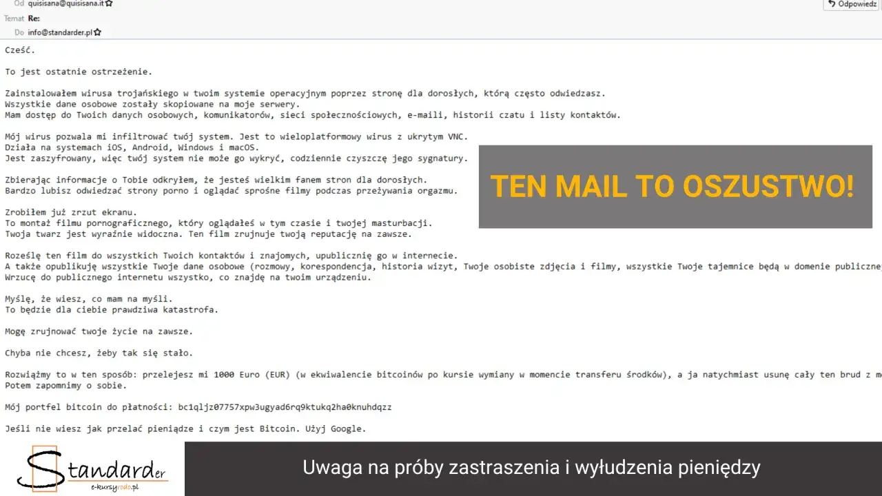 Oszustwo! E-mail grozi publikacją kompromitujących materiałów, jeśli nie zapłacisz. To typowy przykład, czym jest **spoofing co to** zaatakuje Twoje dane.