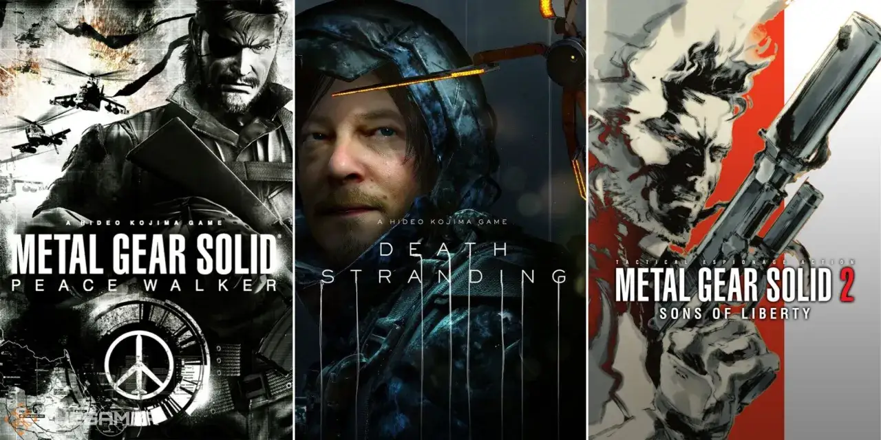 Okładki gier Hideo Kojimy: Metal Gear Solid: Peace Walker, Death Stranding i Metal Gear Solid 2.
