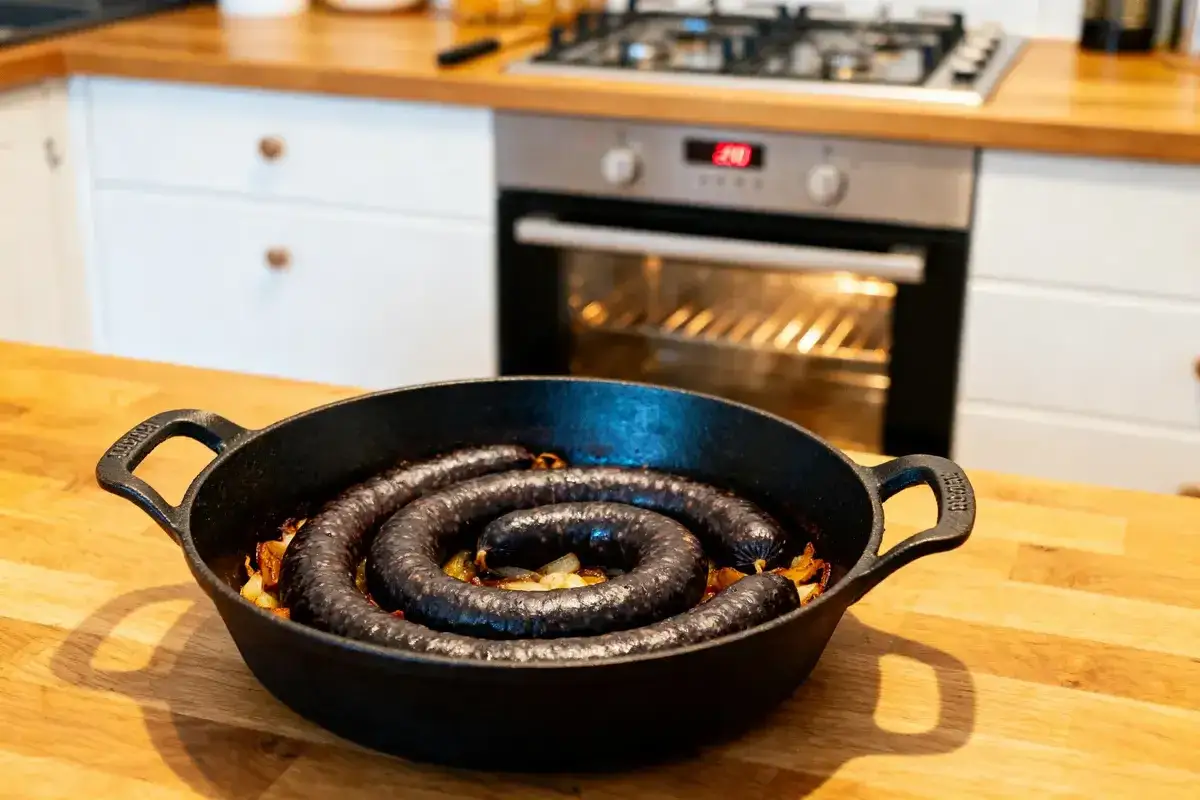 Boudin noir en spirale dans une poêle en fonte, prêt à être cuit. Astuce pour comment cuire le boudin noir sans qu'il éclate : une cuisson douce et lente.