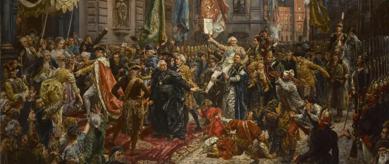 Uroczyste ogłoszenie Konstytucji 3 Maja. Król Stanisław August Poniatowski niesiony na rękach przez tłum. Najważniejsze informacje o tym wydarzeniu.