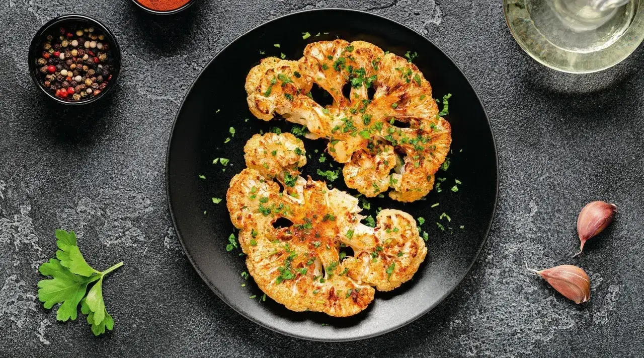Zwei gebratene Blumenkohlsteaks, garniert mit Petersilie, auf einem schwarzen Teller. Daneben Gew&uuml;rze und Knoblauch. K&ouml;stliche gerichte mit blumenkohl.