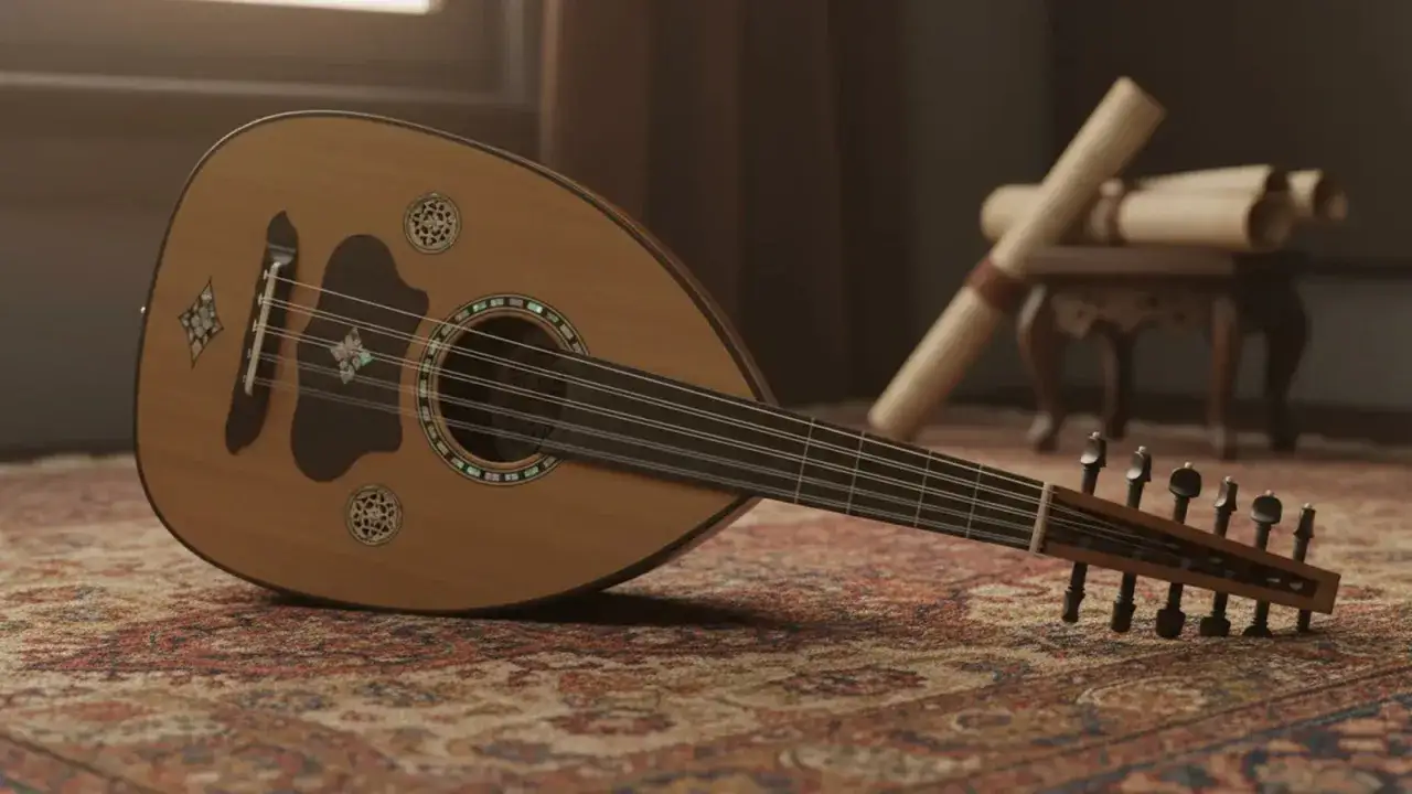 Un oud, instrument &agrave; cordes ancien, repose sur un tapis persan. Des parchemins enroul&eacute;s sont pos&eacute;s sur un petit meuble en arri&egrave;re-plan.