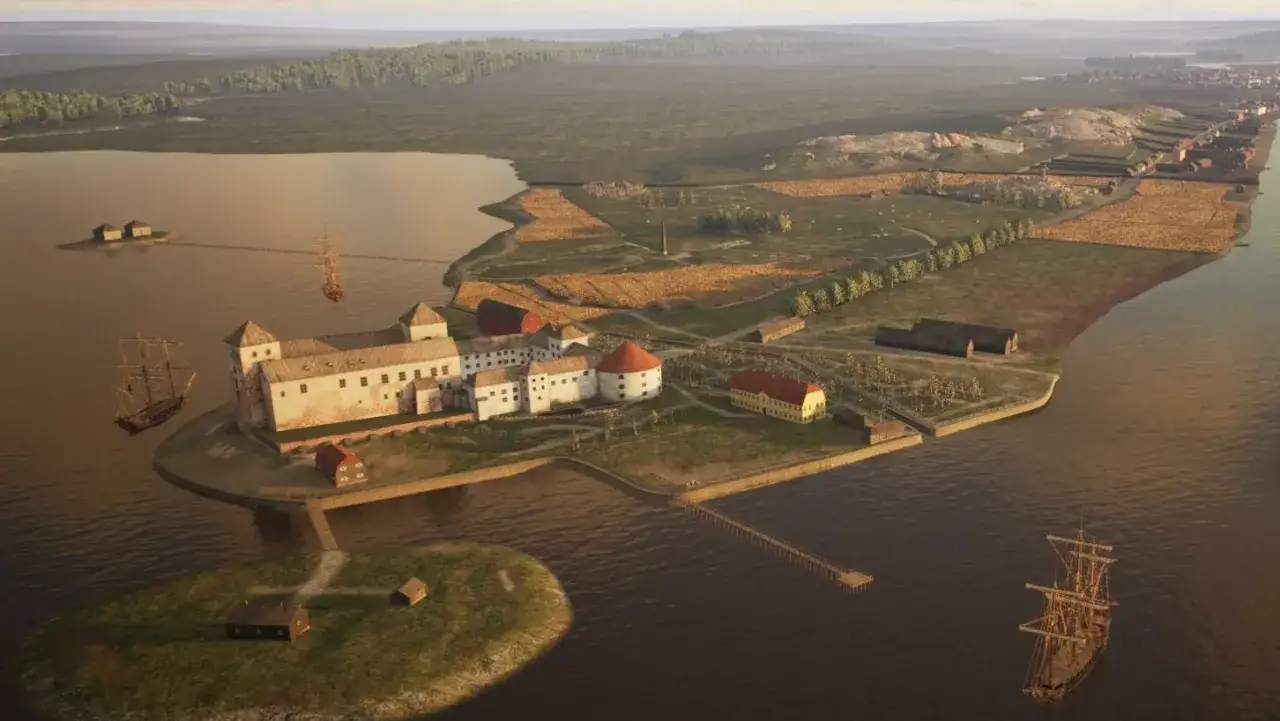 En historisk vy av Åbo slott med segelfartyg i vattnet. Tänk att få åka till Åbo och se detta!