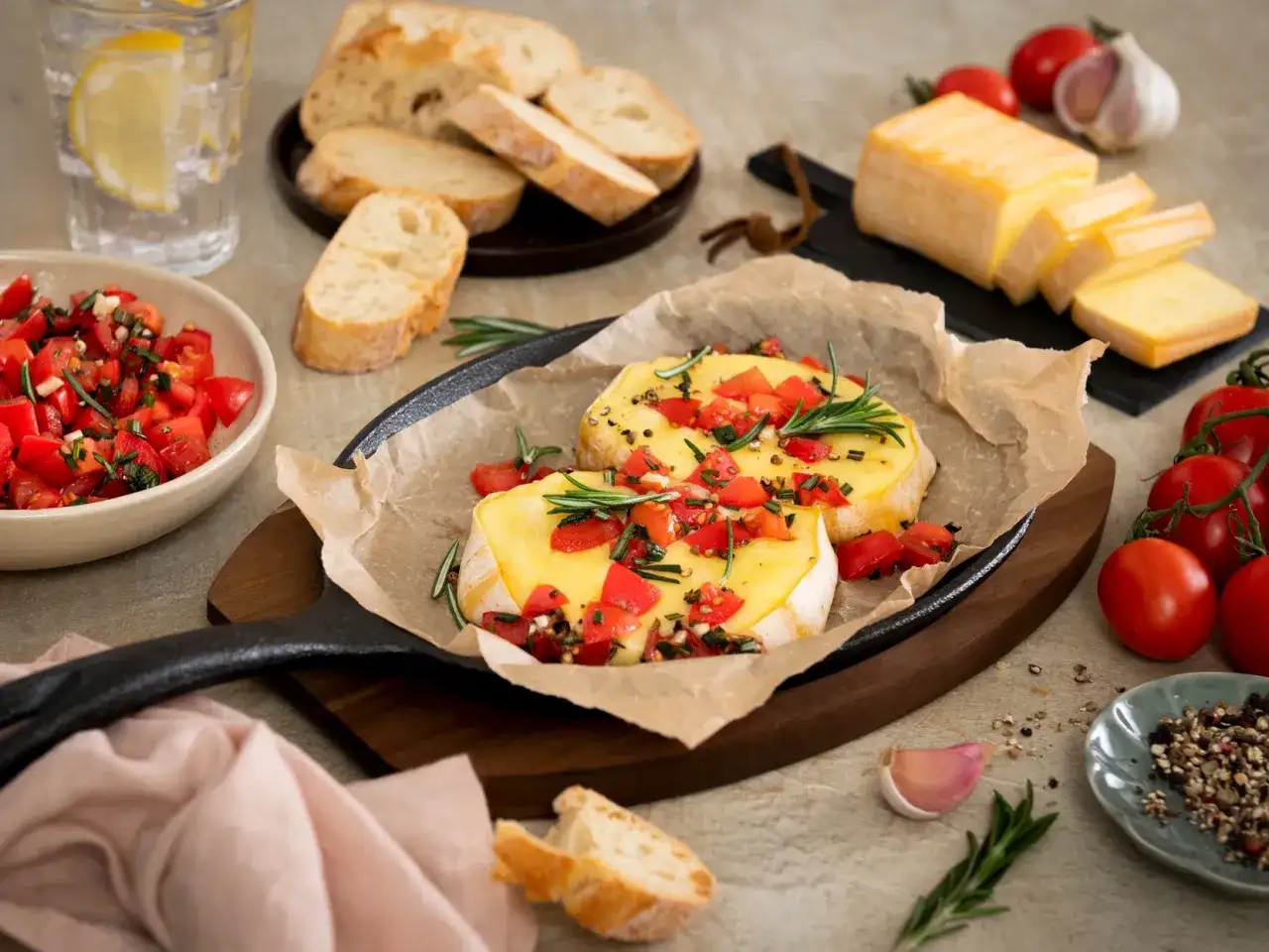 Zwei runde Romadur Limburger K&auml;se mit Tomaten und Rosmarin &uuml;berbacken, serviert mit Baguette und einem Glas Wasser.