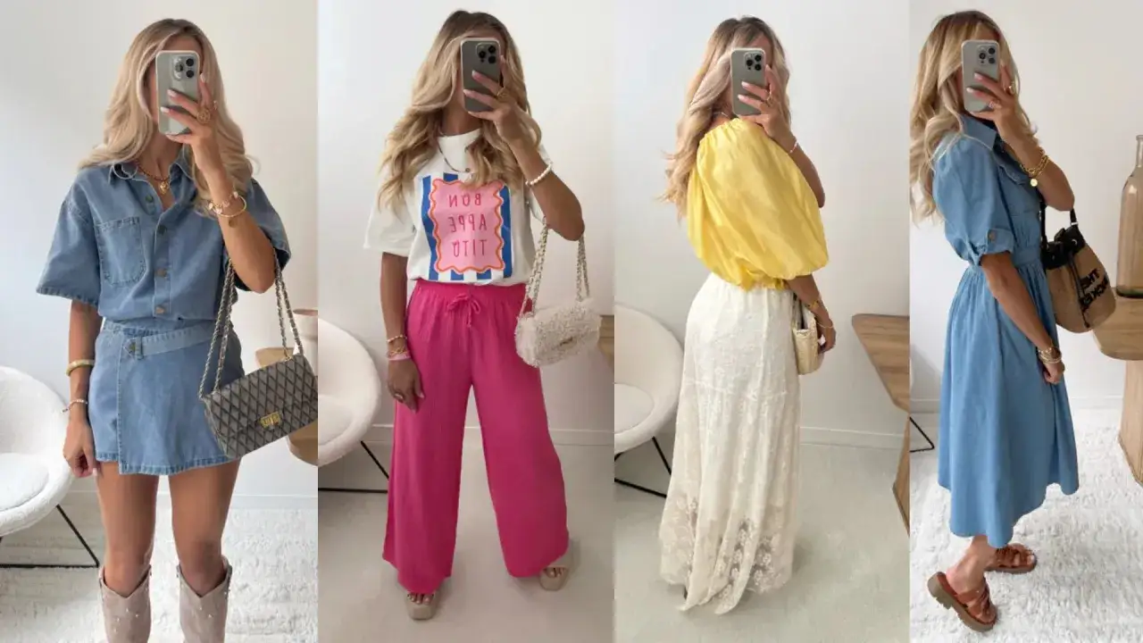 Quatre looks pour savoir comment s'habiller au printemps : total look denim, pantalon fuchsia et t-shirt graphique, top jaune et jupe longue en dentelle, ou robe en jean.