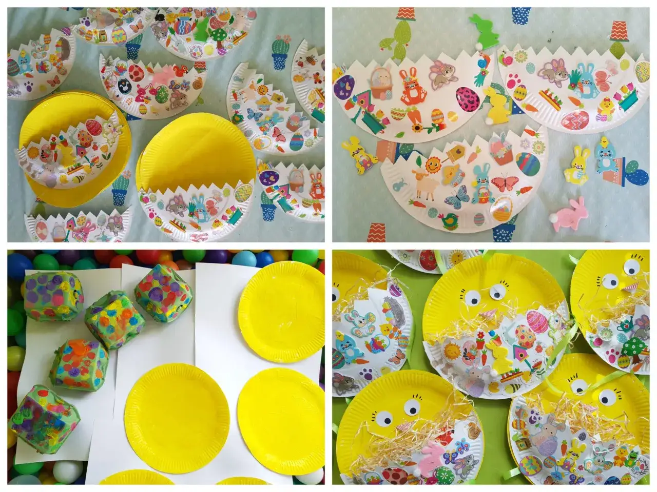 Bunte Oster-Bastelarbeiten für Kinder ab 3 Jahren: Teller werden zu Osternestern mit Stickern von Hasen und Eiern.