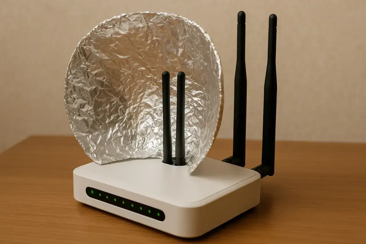 Router z antenami i prowizorycznym wzmacniaczem sygnału wi-fi z folii aluminiowej.