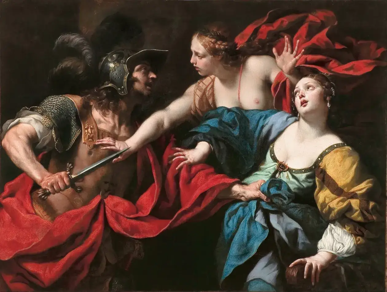 Un principe troiano, traditore della patria, minaccia con un pugnale due donne che cercano di fermarlo.