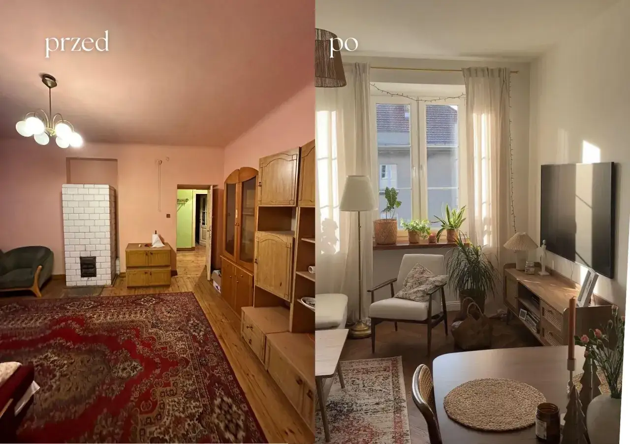 Przed i po: salon przeszedł domowe rewolucje. Zobacz, jak zmienił się z różowego, staromodnego pokoju w jasną, przytulną przestrzeń.