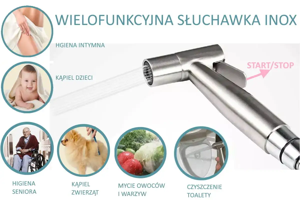 Wielofunkcyjna słuchawka inox do higieny intymnej, kąpieli dzieci, seniorów, zwierząt, mycia owoców i warzyw, a także do czyszczenia toalety, co ułatwia jak usunąć kamień z toalety.