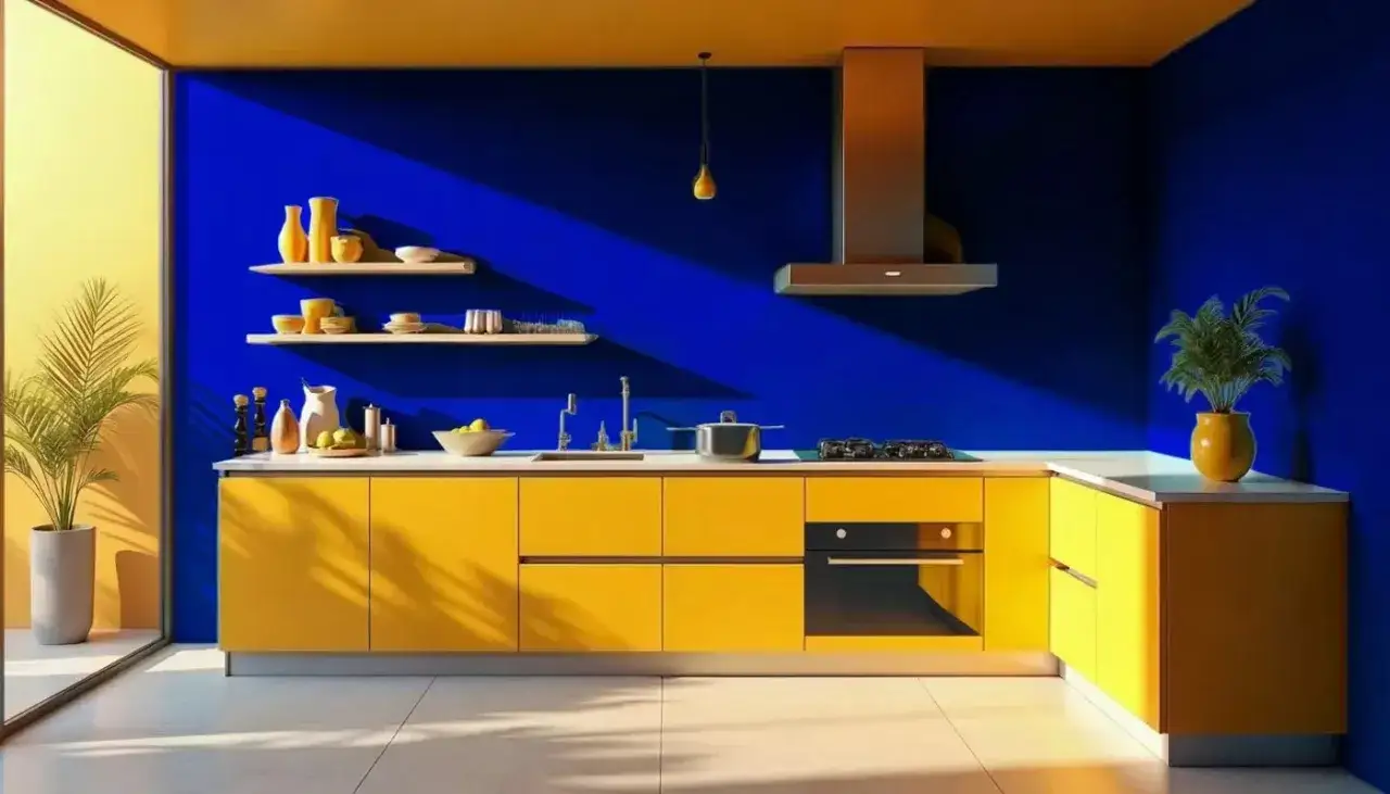 Cuisine aux murs bleu majorelle et meubles jaunes vifs. Un style audacieux pour un int&eacute;rieur plein de vie.