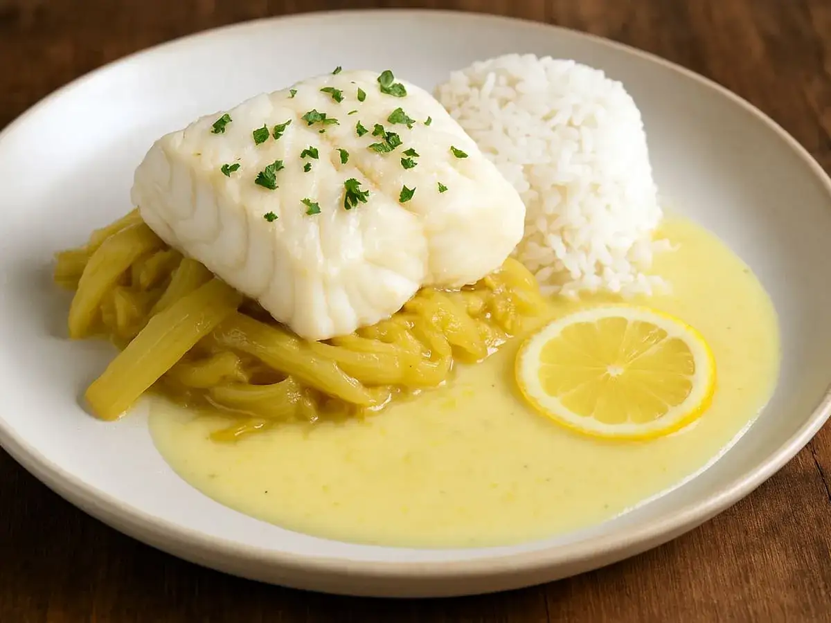 Un filet de poisson blanc sur lit de poireaux, accompagné de riz et d'une sauce citronnée. Une recette gastronomique poisson facile et savoureuse.