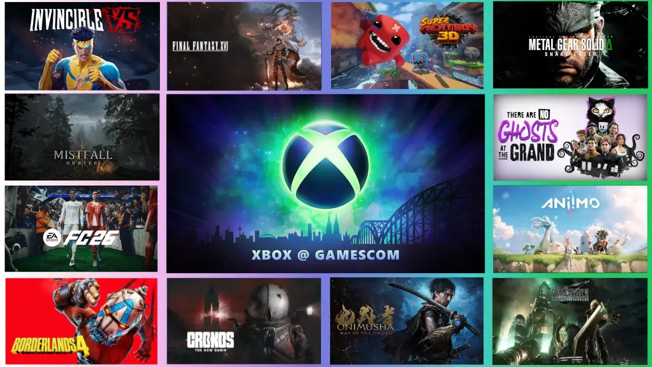 Cartelera de videojuegos con títulos como Invincible, Final Fantasy XVI y Metal Gear Solid, promocionando las conferencias de Gamescom.