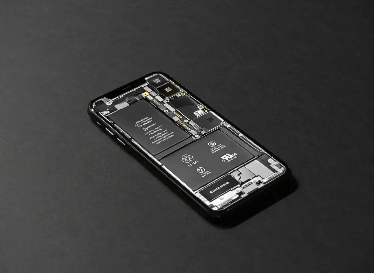 Rozłożony telefon z widoczną baterią i podzespołami. Może to być powód, dla którego telefon sam się wyłącza.