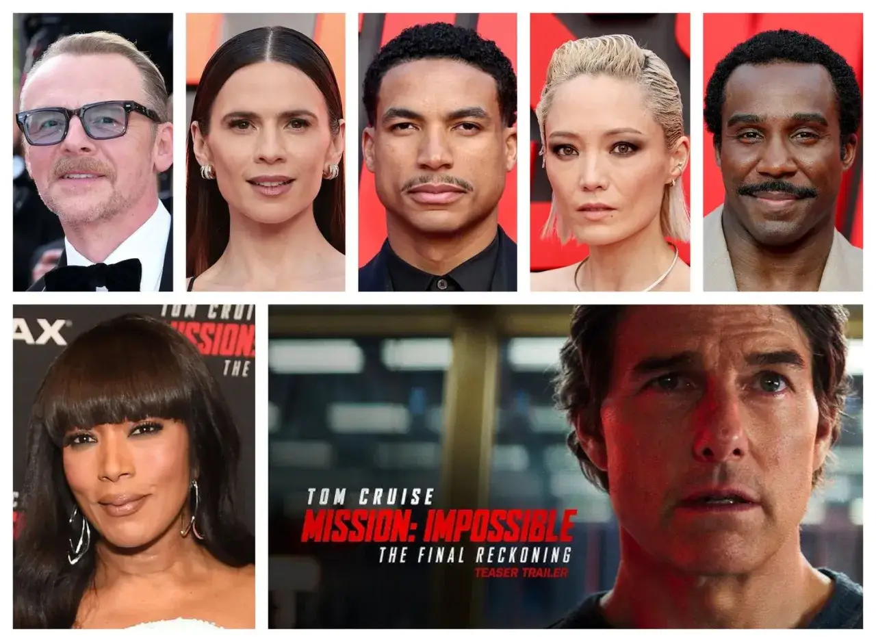 Besetzung von Mission: Impossible &ndash; Dead Reckoning Teil Eins: Simon Pegg, Hayley Atwell, Esai Morales, Pom Klementieff, Ving Rhames und Tom Cruise.