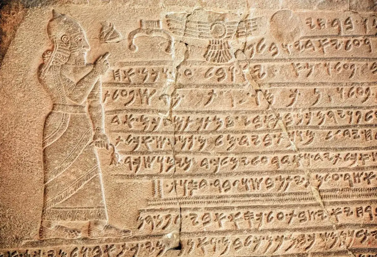 Starożytny relief z postacią i pismem, przypominający dzieła Fenicjan.
