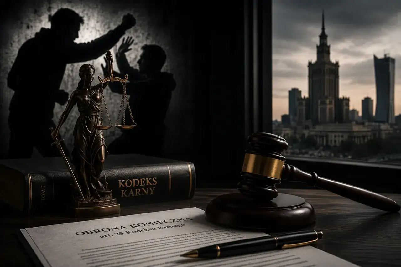 Symbol sprawiedliwości, Kodeks Karny i dokument o obronie koniecznej. W tle sylwetki walczących ludzi i panorama miasta.