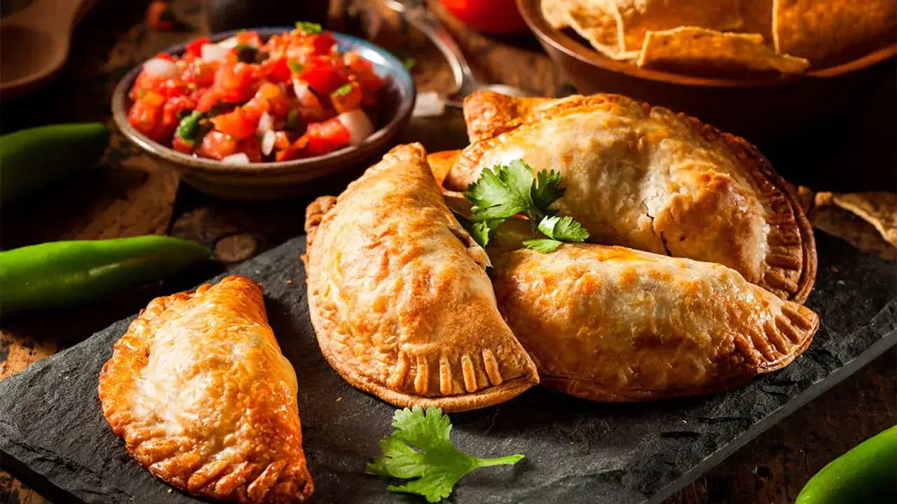 Empanadillas doradas con pico de gallo y jalape&ntilde;os, perfectas para descubrir los mejores rellenos para empanadillas.