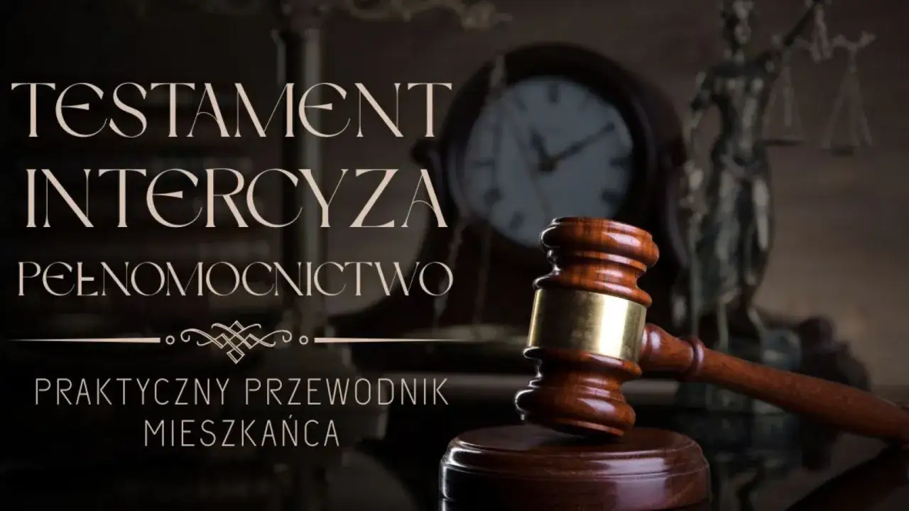 Młotek sędziowski, waga sprawiedliwości i zegar symbolizują czas i prawo. Tematyka: rozdzielność majątkowa a śmierć.