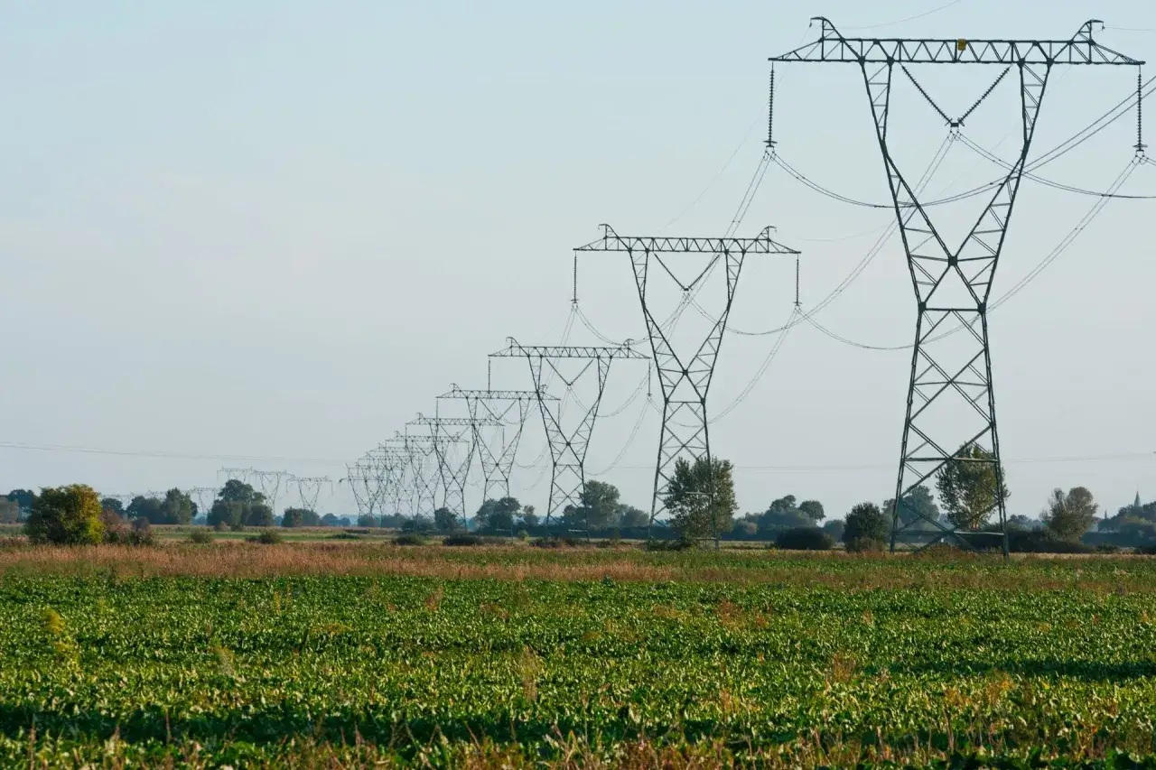 Linia wysokiego napięcia przecina pole uprawne, tworząc kontrast między technologią a naturą. W oddali widać zarys budowy domu.