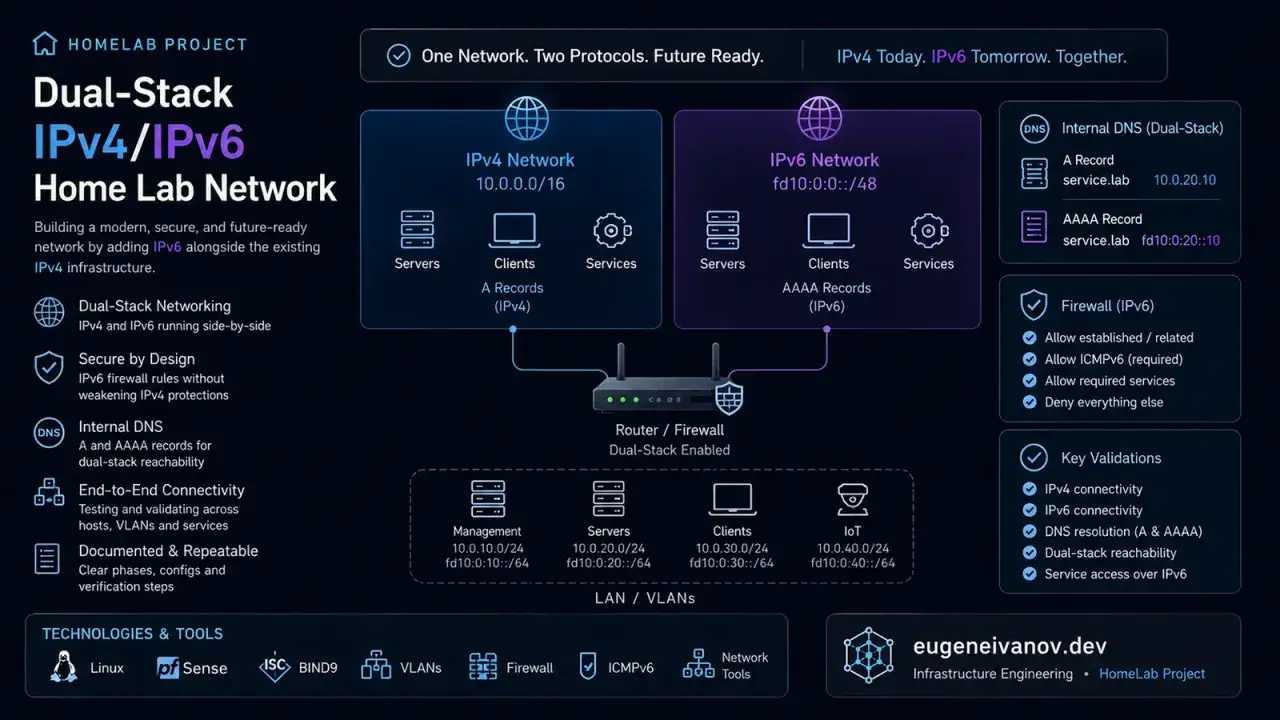 Schema eines Dual-Stack-**ip netzwerk**s mit IPv4 und IPv6, Router, DNS und Firewall.