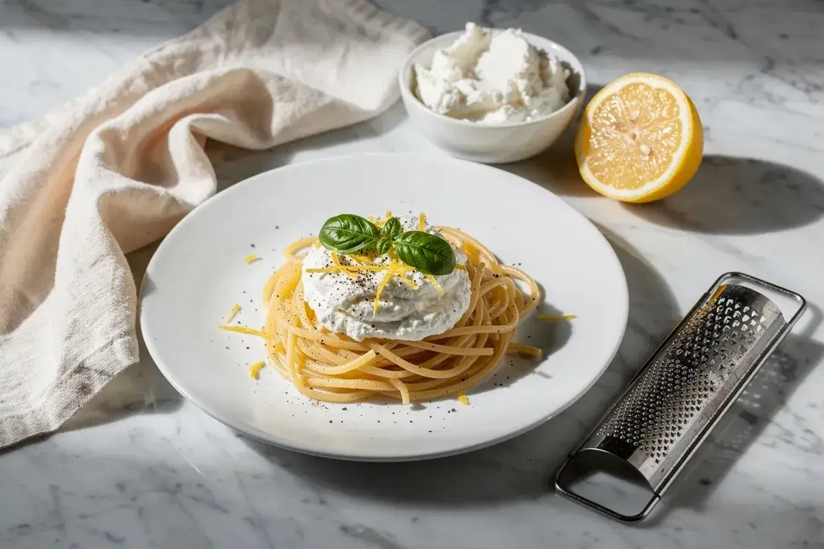 Spaghetti con una generosa porzione di ricotta fresca, scorza di limone e basilico. Un piatto semplice e gustoso.