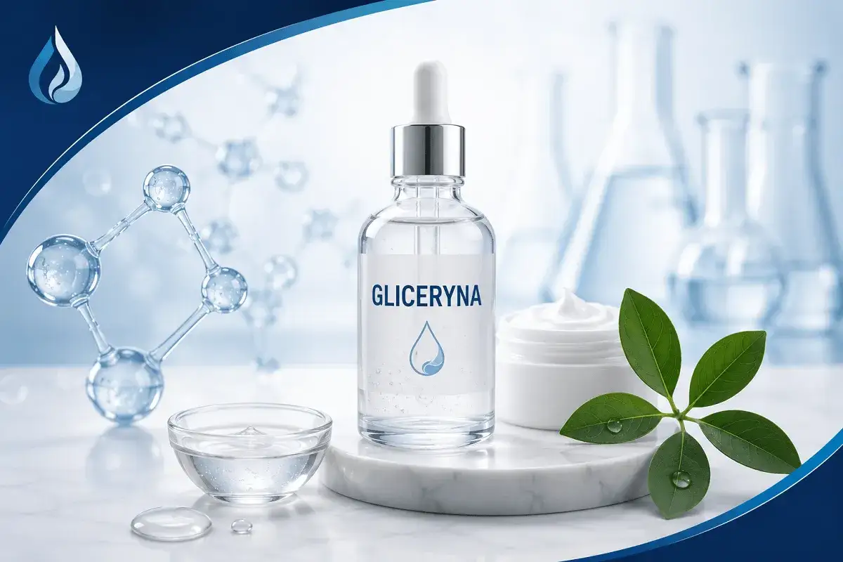 Gliceryna, inaczej glicerol, w buteleczce z pipetą, obok kremu i liści. W tle molekularne struktury i naczynia laboratoryjne.