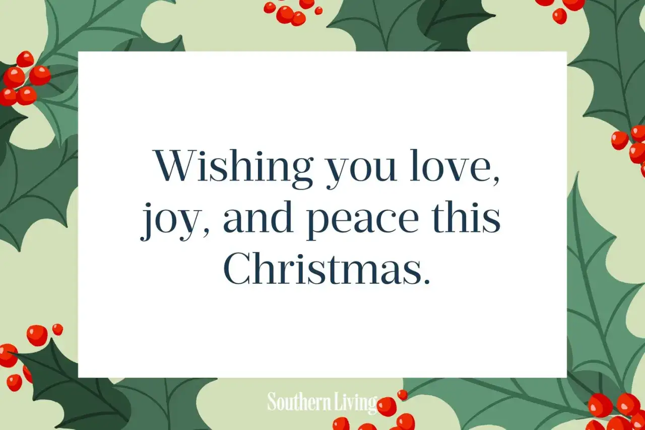 Tarjeta de felicitaciones de navidad en inglés con acebo y bayas rojas.