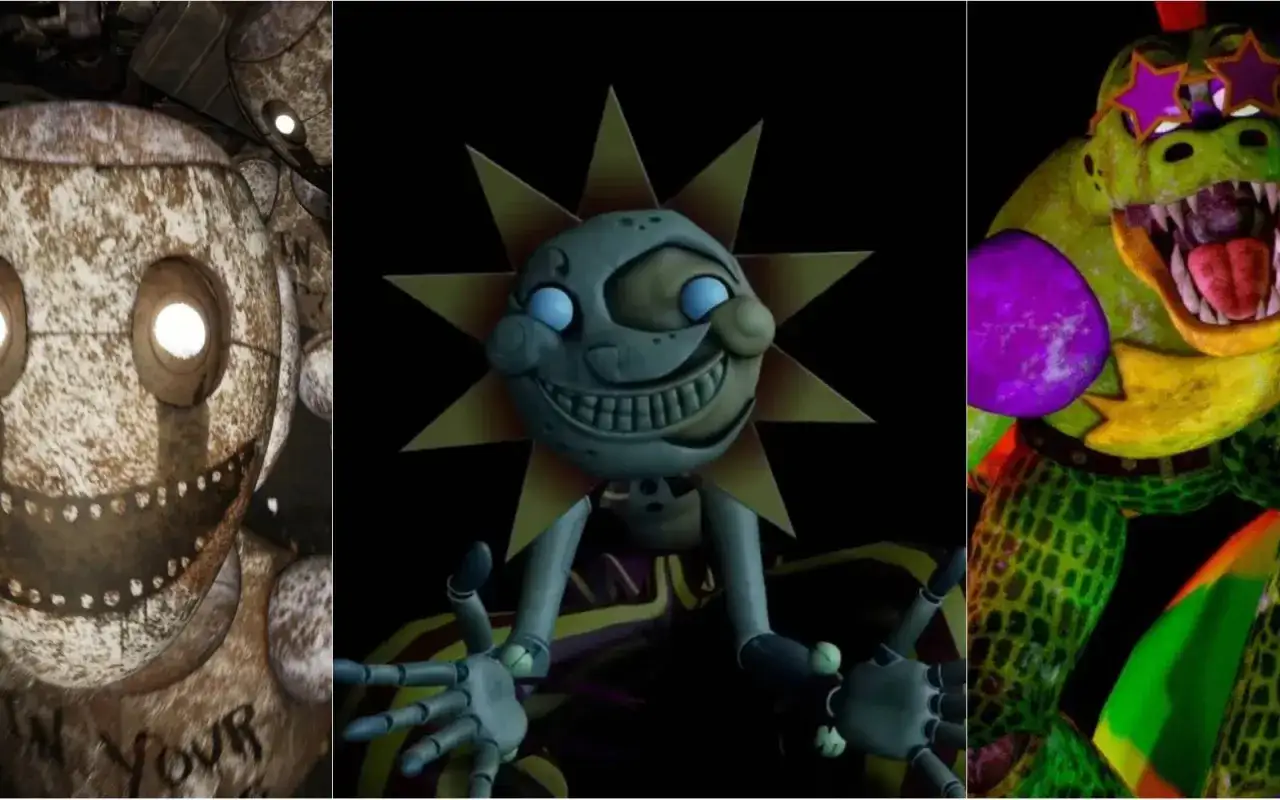 Trzy animatroniki z FNAF: zardzewiały, uśmiechnięty robot, Słoneczko z gwiazdkami i zielony aligator w okularach.