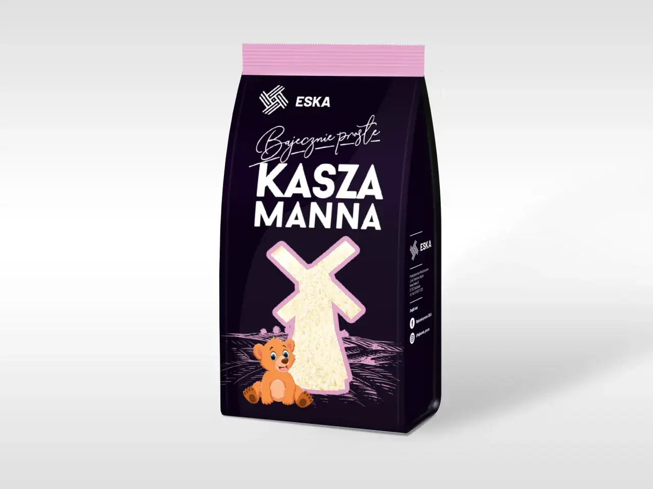 Opakowanie kaszy manna z misiem i wiatrakiem. Idealna na bajecznie proste śniadanie.