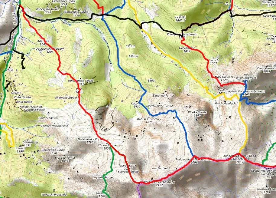 Mapa szlaku na Giewont z Doliny Małej Łąki