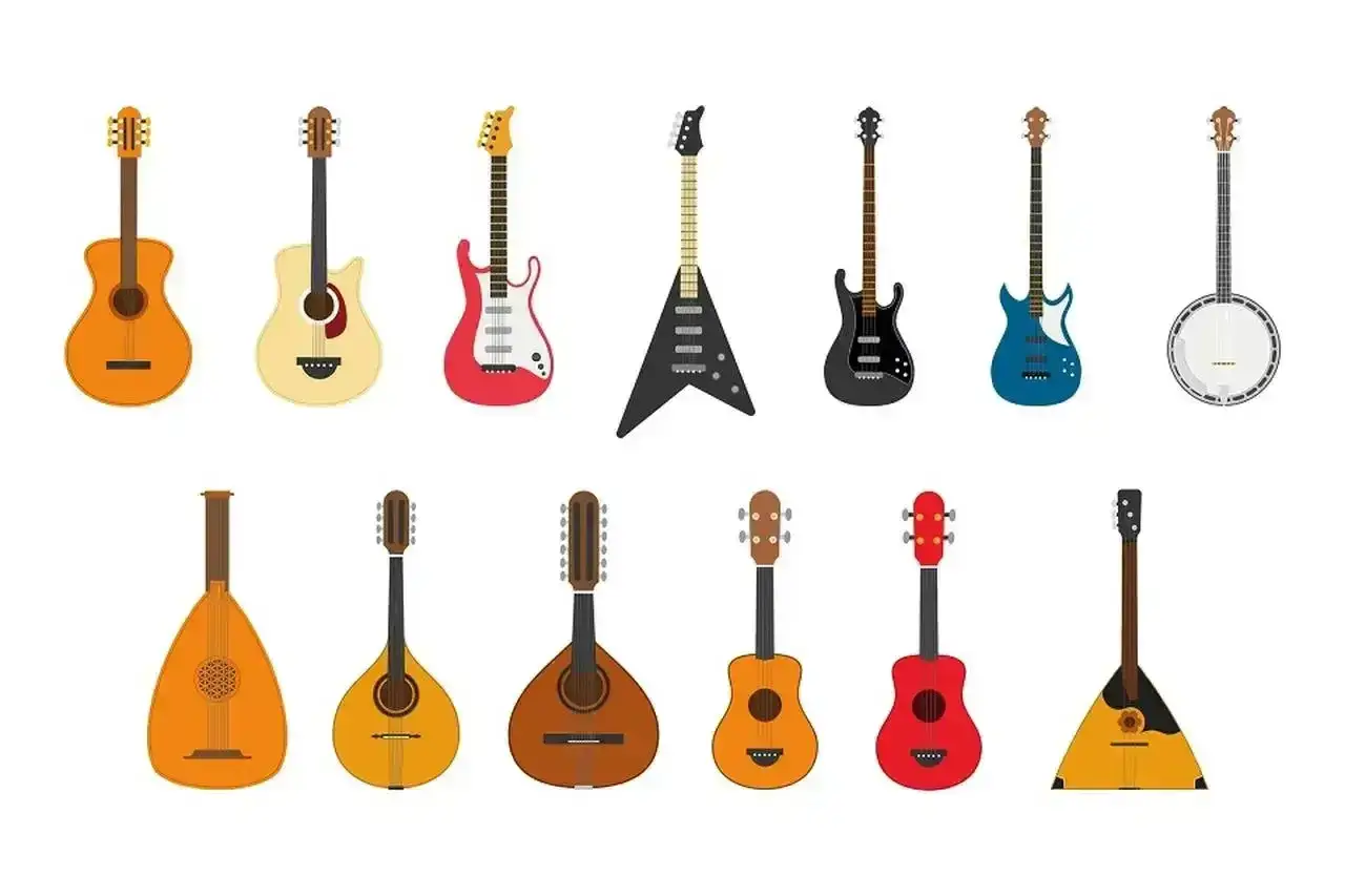 Kolekcja instrument&oacute;w strunowych, wiele z nich podobnych do gitary: akustyczne, elektryczne, basowe, banjo, lutnia, mandolina, balalajka.