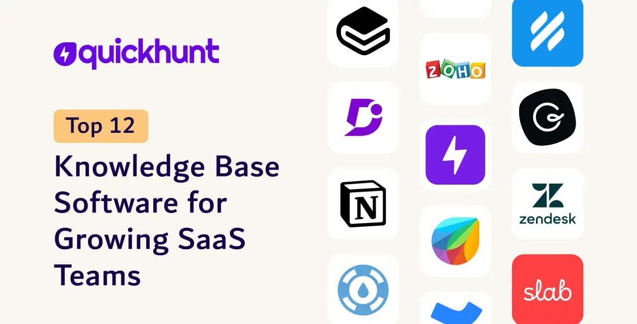 Quickhunt: Top 12 Knowledge Base Software für wachsende SaaS-Teams. Hilft beim Aufbau einer Wissensdatenbank mit Tools wie Zoho, Notion, Zendesk.