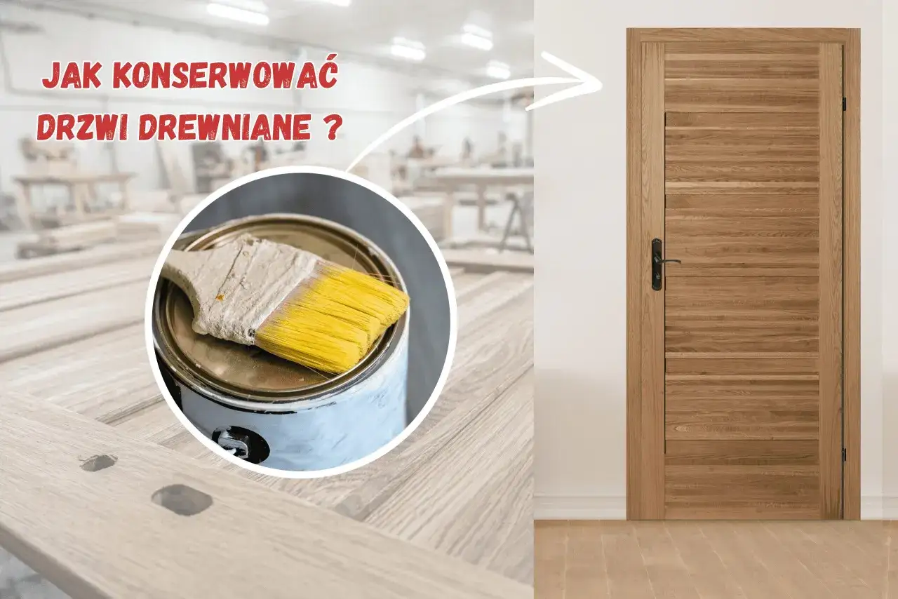 Jak konserwować drzwi drewniane? Pędzel z żółtą farbą zanurzony w puszce, obok pięknych, dębowych drzwi.