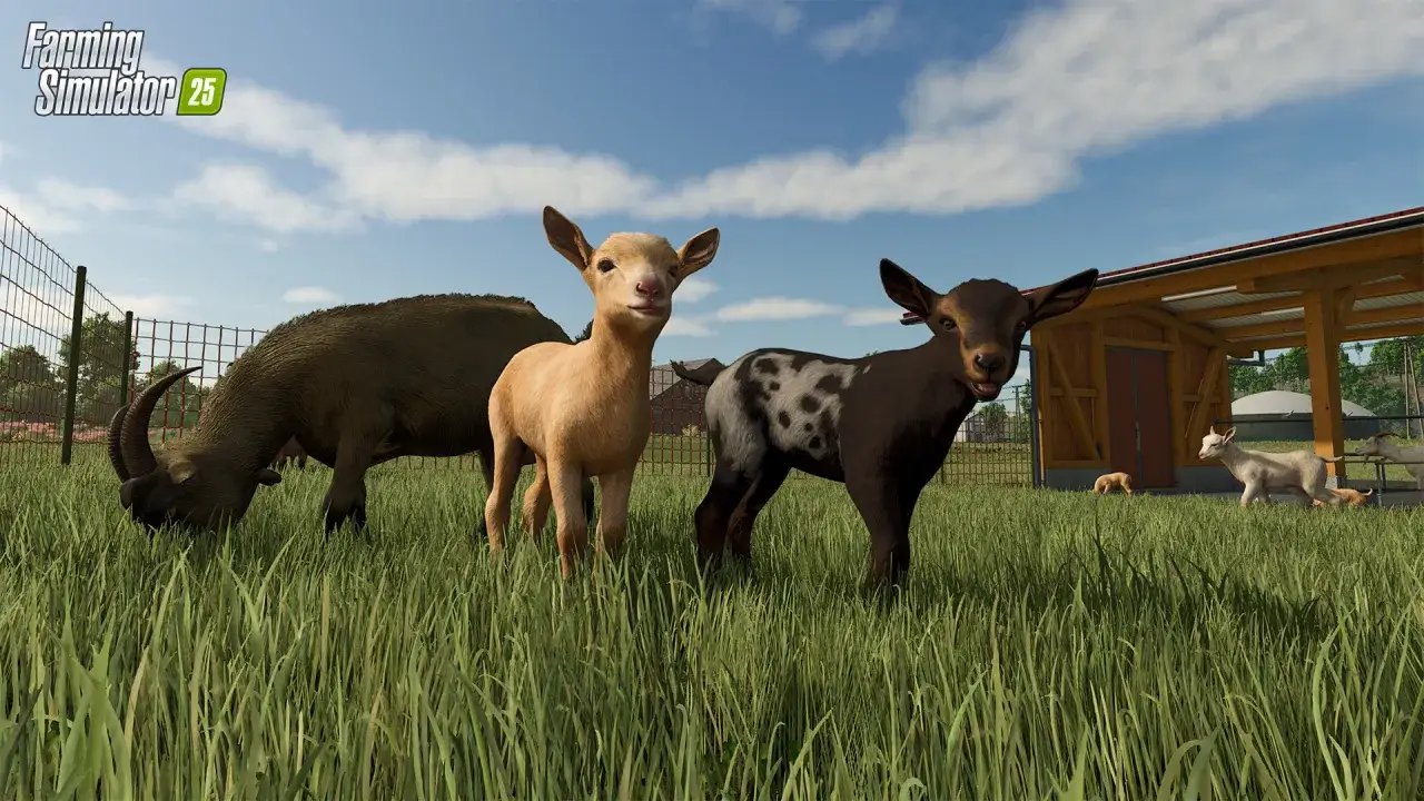 Urocze koźlątka i dorosłe kozy na farmie w Farming Simulator 25 PS5.