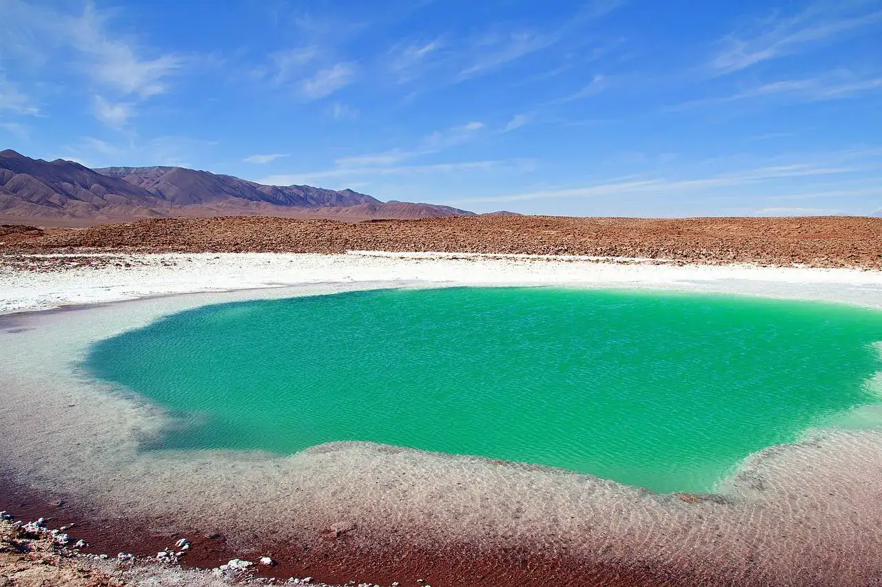 Oasis turquesa en el desierto de Atacama, rodeado de salares blancos y monta&ntilde;as &aacute;ridas bajo un cielo azul.