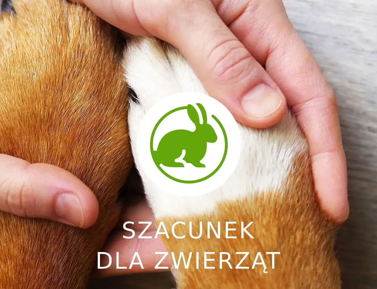 Dłoń delikatnie głaszcze łapkę psa. Obok zielony symbol królika w okręgu i napis