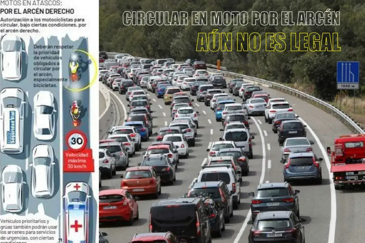 Un atasco kilométrico. La imagen muestra que circular en moto por el arcén aún no es legal, aunque se debate su autorización bajo ciertas condiciones.