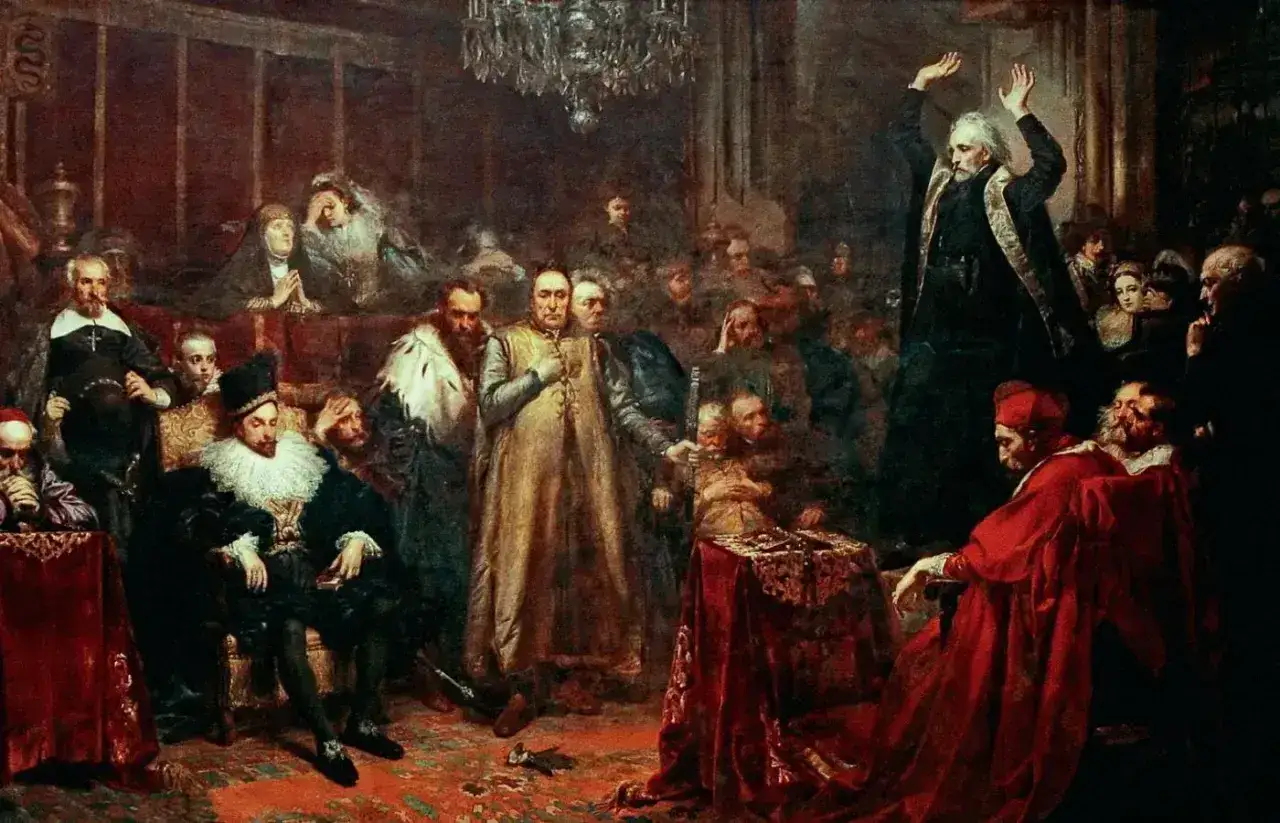Uroczyste zgromadzenie szlachty, uosobienie sarmatyzmu. Mężczyźni w bogatych strojach, jeden przemawia z uniesionymi rękami, inni słuchają.