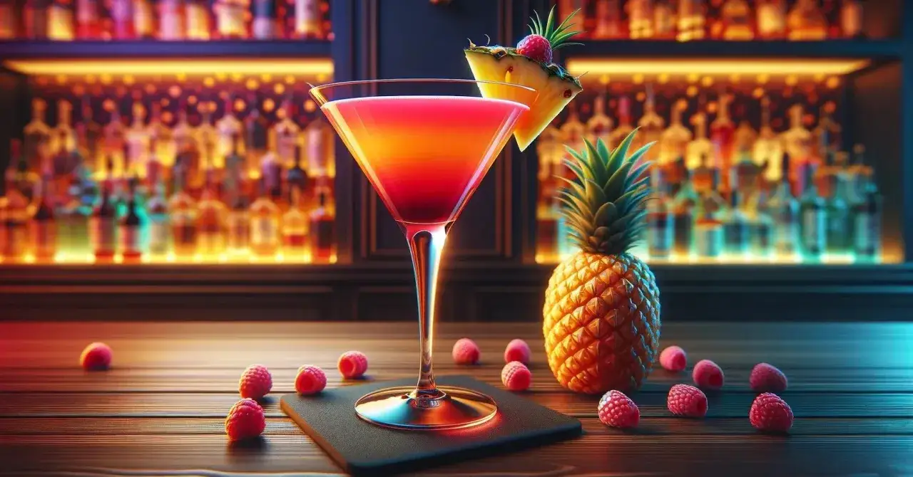 Elegancki drink, malinowo-pomarańczowy, z ananasem i malinami. Idealny French Martini przepis.