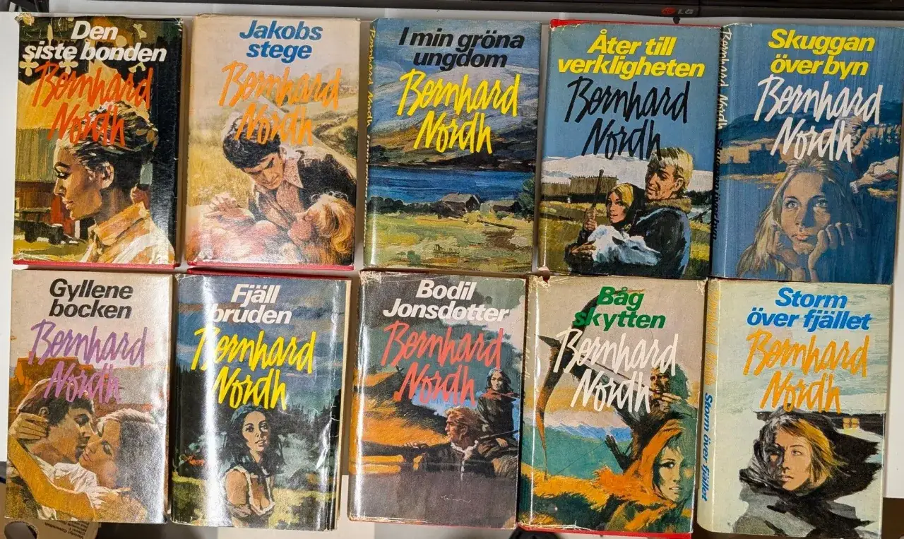 Samling böcker av Bernhard Nordh, med romantiska och dramatiska omslag som skildrar kärlek och äventyr i svensk miljö.